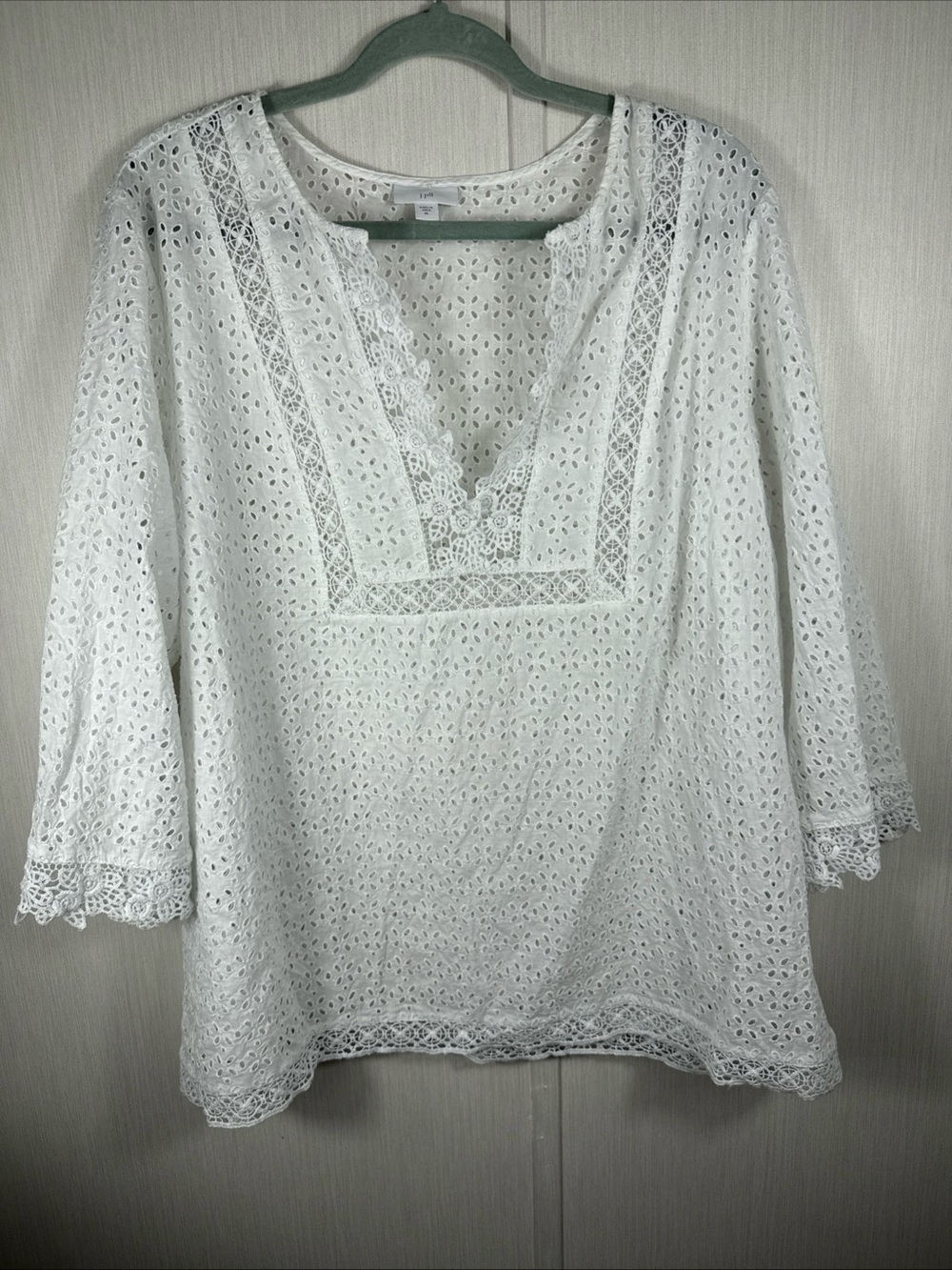 J JILL Tunic  Women XL White Eyelet Cotton Crochet Lace Boho Beachy Split Neck